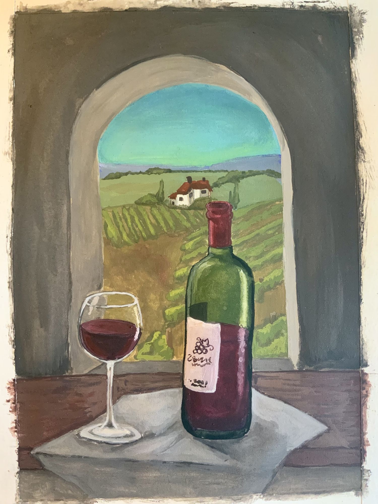 Oil painting in the style of the old masters, worn stone wall, Window looking out onto a lush vineyard, bottle of wine and glass of red wine...