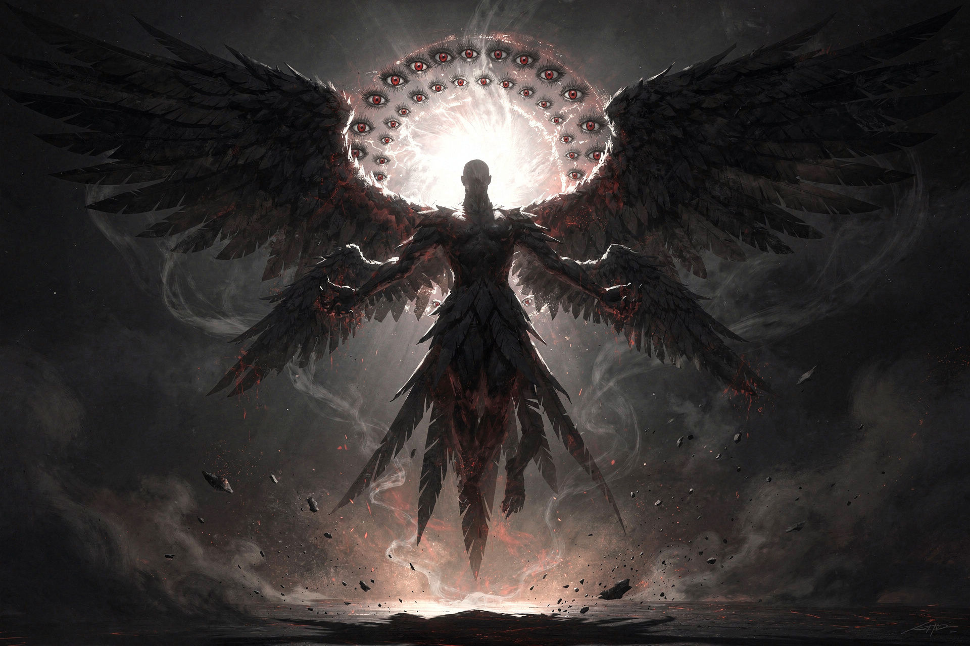 handsome sinister angel with a cloak and Big wings - Start Image 1