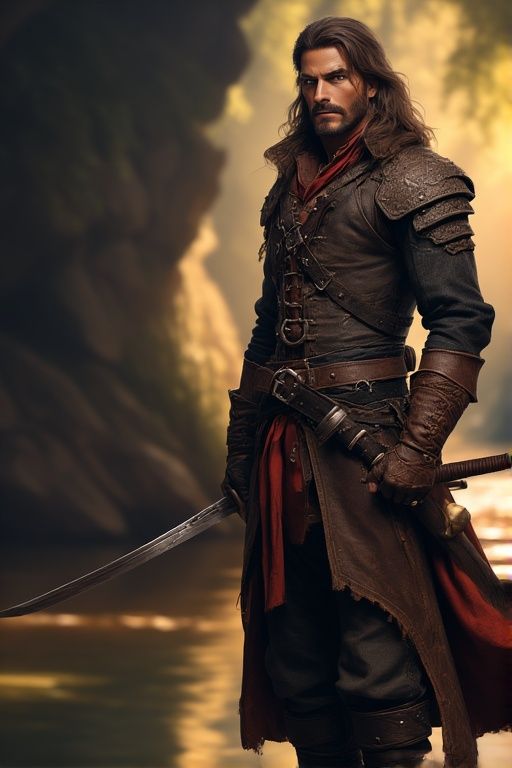 High fantasy epic attractive male bandit duelist, leather armor, scenic background, high detail, high quality, correct anatomy, Cinematic fi...