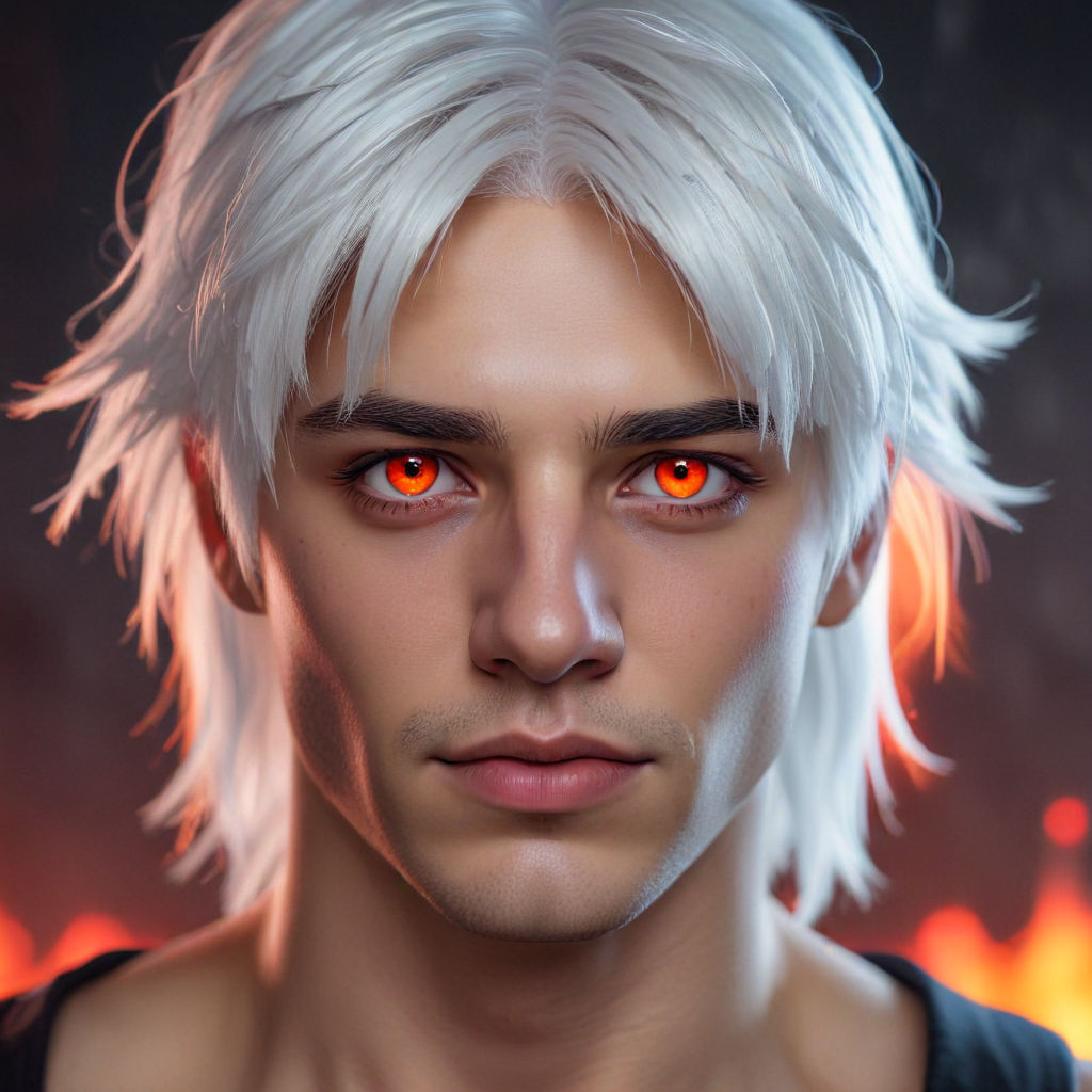 An experienced Yung soldier male with red eyes and white hair in black blood angel  space marine armor for warhammer 40k with a red tear dro...