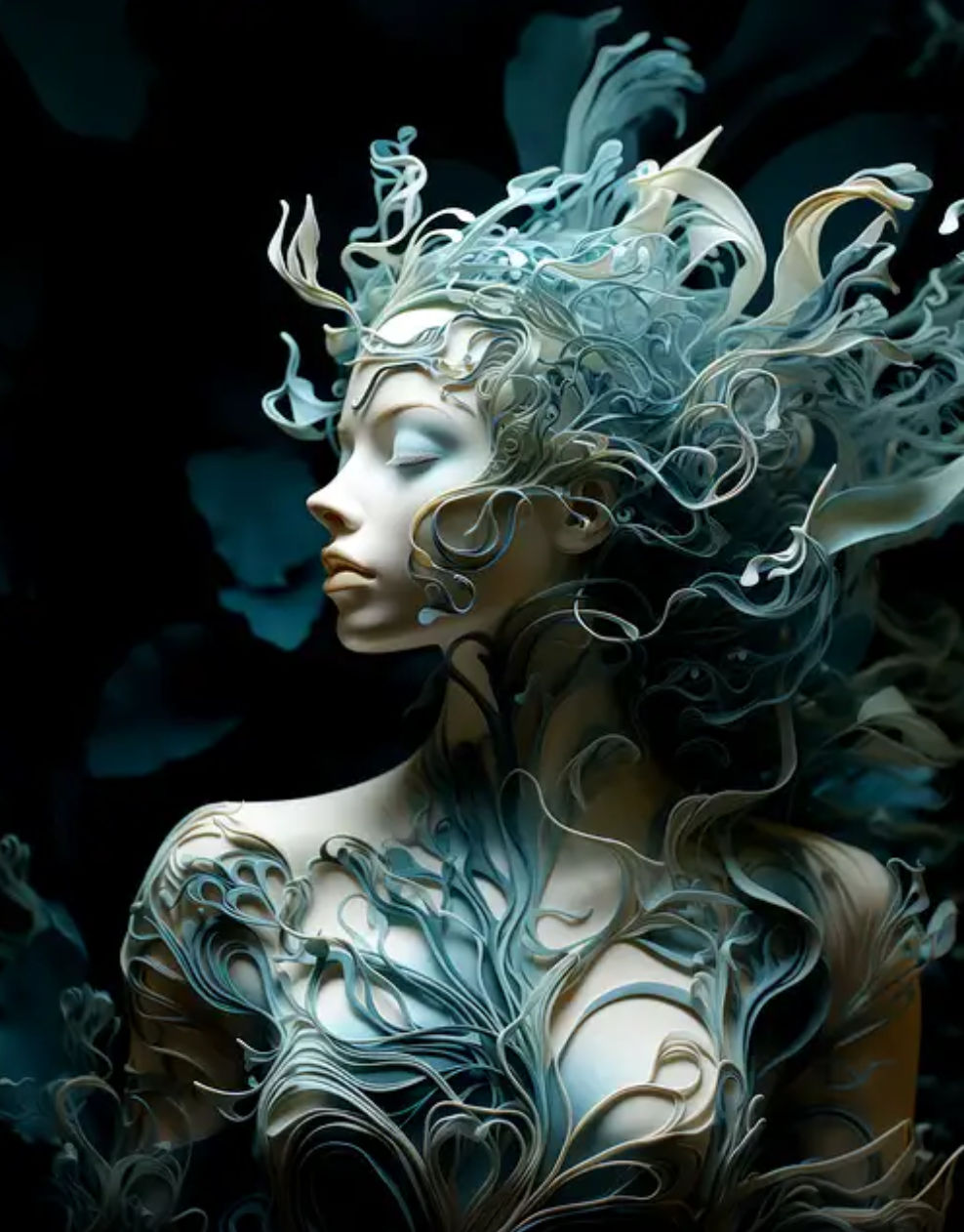 human by juliane schreiner, in the style of intricate underwater worlds, flowing fabrics, dark turquoise and light white, intricate body-pai...
