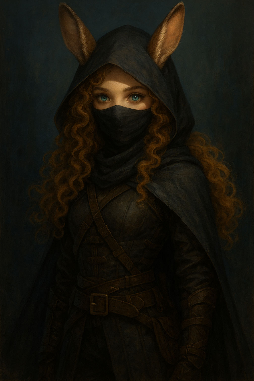 A digital illustration in a semi-realistic, anthro art style of a beautiful young female rabbit shifter in rogue leathers, her hood pulled u...