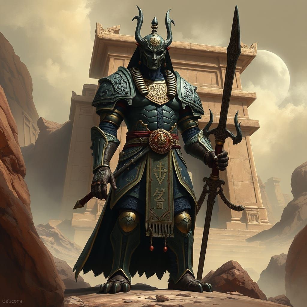 living Ushabti Graveguard, made of dark blue marble, standing over two meters tall, in front of a Mausoleum, armed with spear and shield, Br...