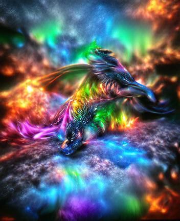 rainbow colored glowing dragon. dream colored nebula background. DeviantArt. 8K resolution. 8K 3D. VRay.