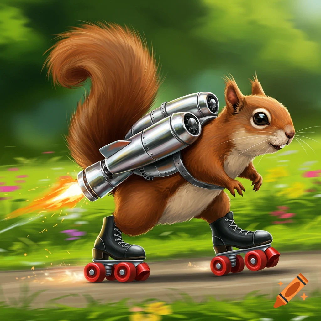 A very mischievous squirrel with mini rockets on its back and roller skateson. Whimsical and dynamic, in a bright, painterly style with a to...