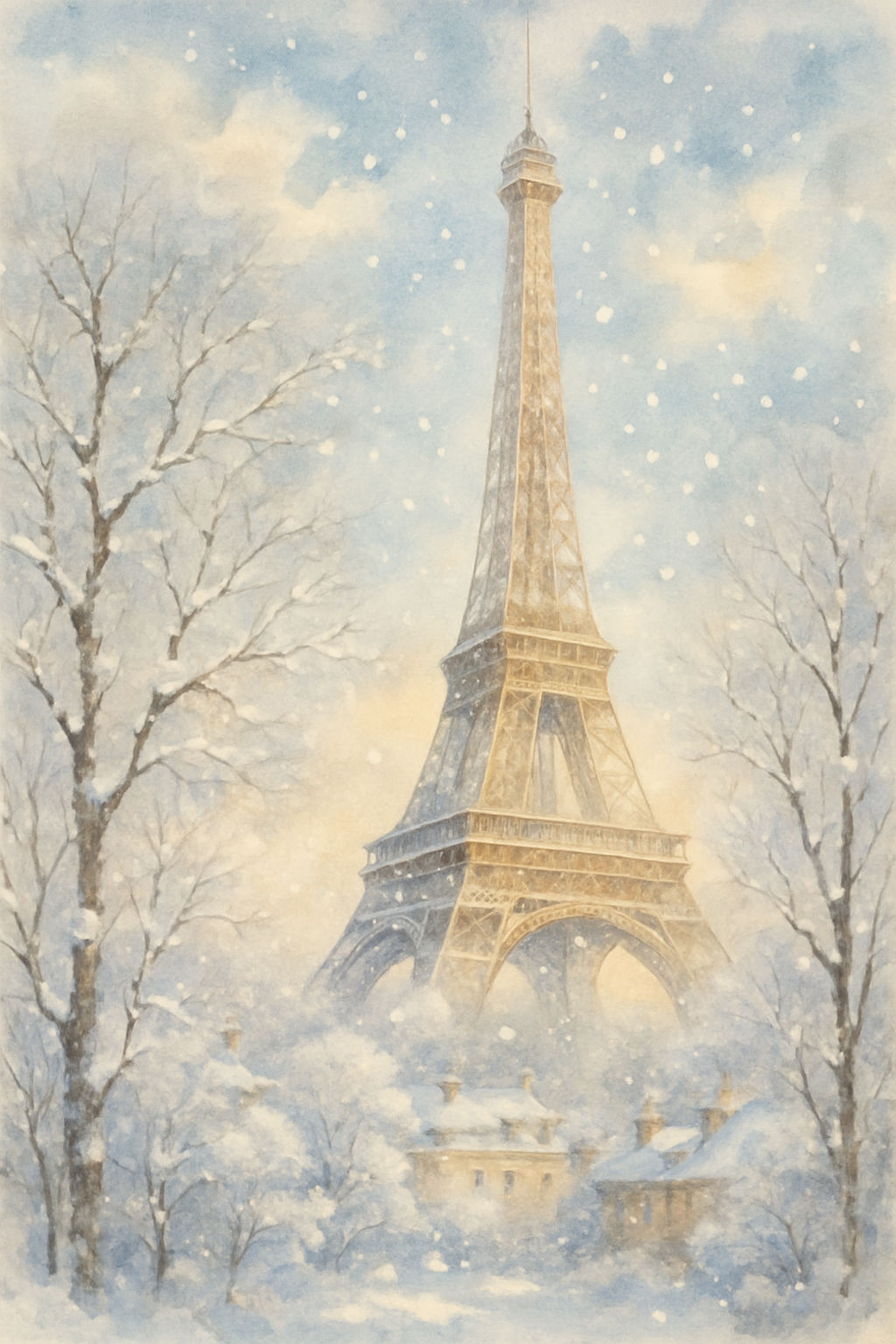 A magical winter night scene of the Eiffel Tower in Paris, framed by elegant bare trees with delicate snow on their branches. Soft snowflake...
