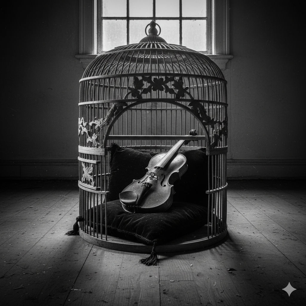 A lone, weathered violin rests on a velvet cushion inside an antique, intricately carved wooden birdcage, bathed in the soft, ethereal glow ...