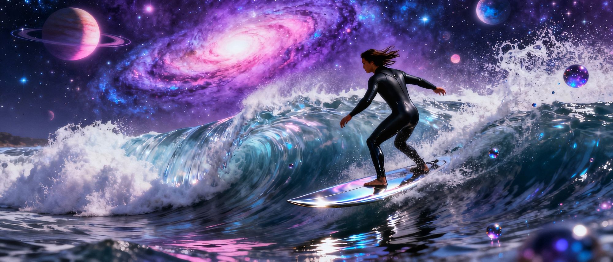 A lone black surfer catches a colossal wave under a sky filled with swirling nebulae and alien constellations. The surfer's board is a sleek...