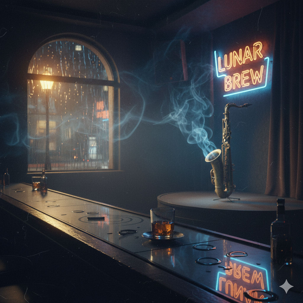 A moody, atmospheric scene inside a dimly lit jazz club. A neon sign above a small stage glows "LUNAR BREW" in blue. On the stage, a golden ...