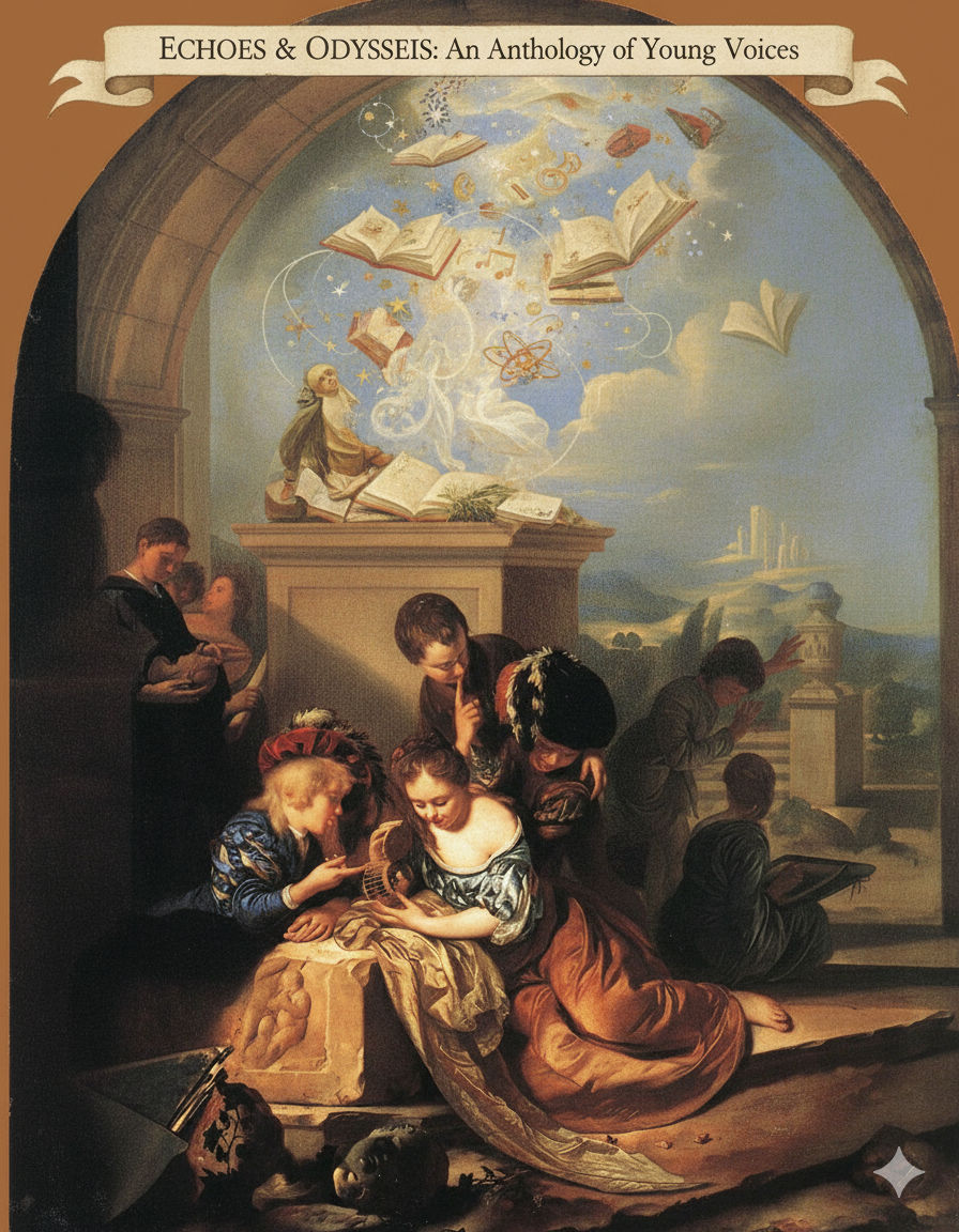 An arched, classic architectural setting reminiscent of an ancient academy or library, with an old statue now replaced by an open book on a ...