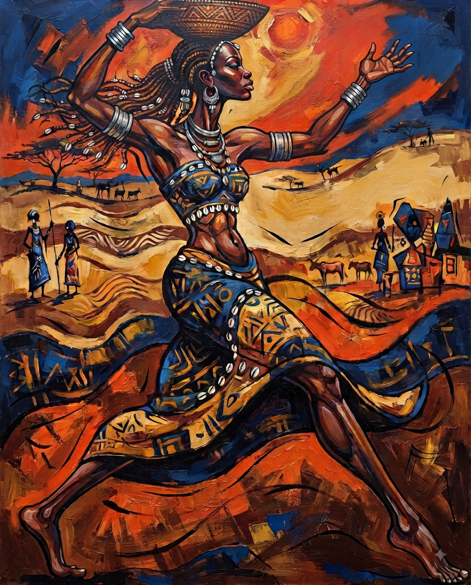 The woman is dancing while singing joyfully of a harvest to come, "The rainy season has come, the sky is pouring,
The ea...