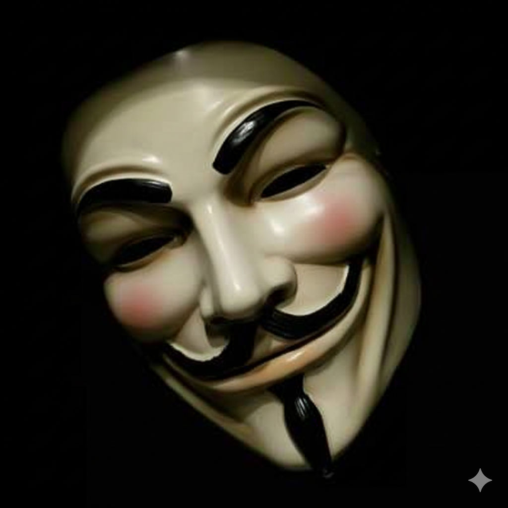 ​A Guy Fawkes mask, with exaggerated features and a sinister smile, set against a dark background, in the style of a modern political thrill...