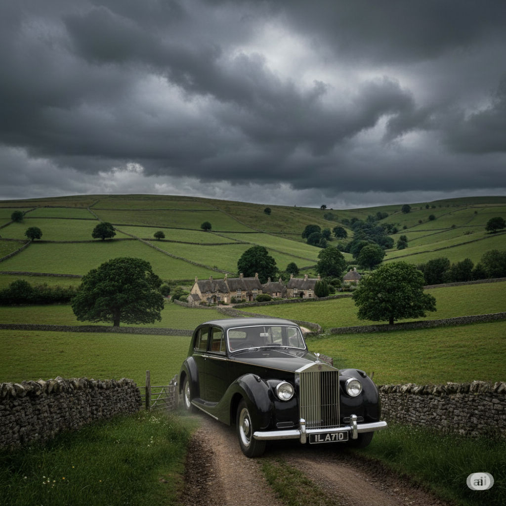 A cinematic, photorealistic image of a classic black car driving on a dirt road through a lush green countryside. The road is winding, with ...