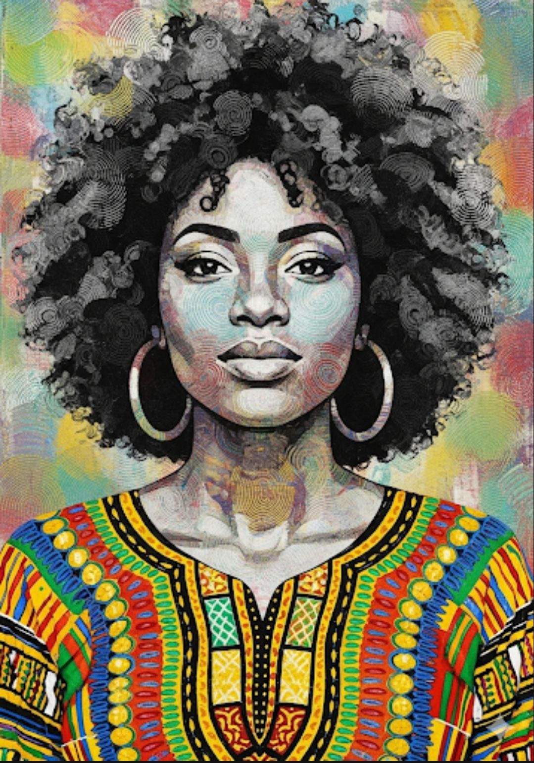 Create an abstract art painting image, bust of a beautiful black woman with a medium sized black and gray afro. She is wearing a Kinte cloth...