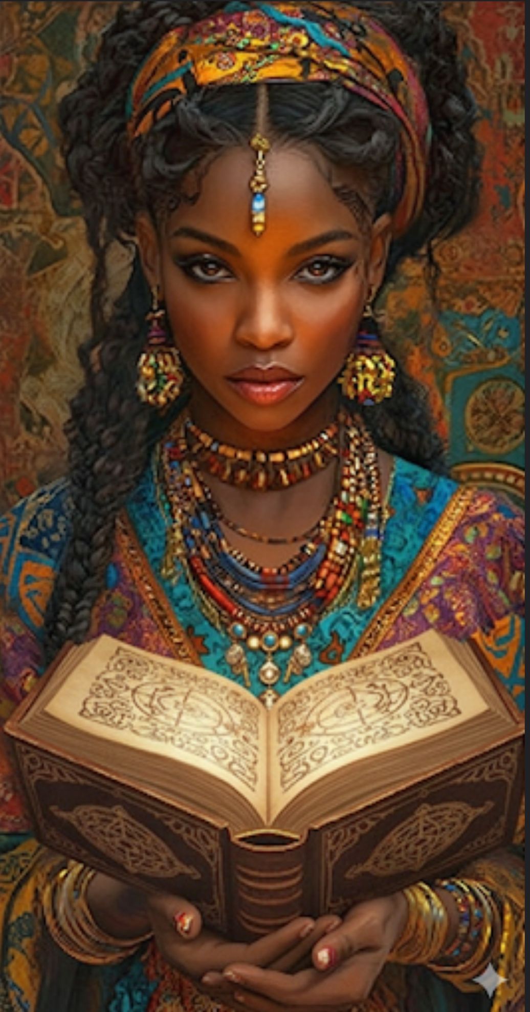 This image depicts a woman with dark skin and braided hair, wearing a vibrant, multicolored headscarf and ornate jewelry, including several ...