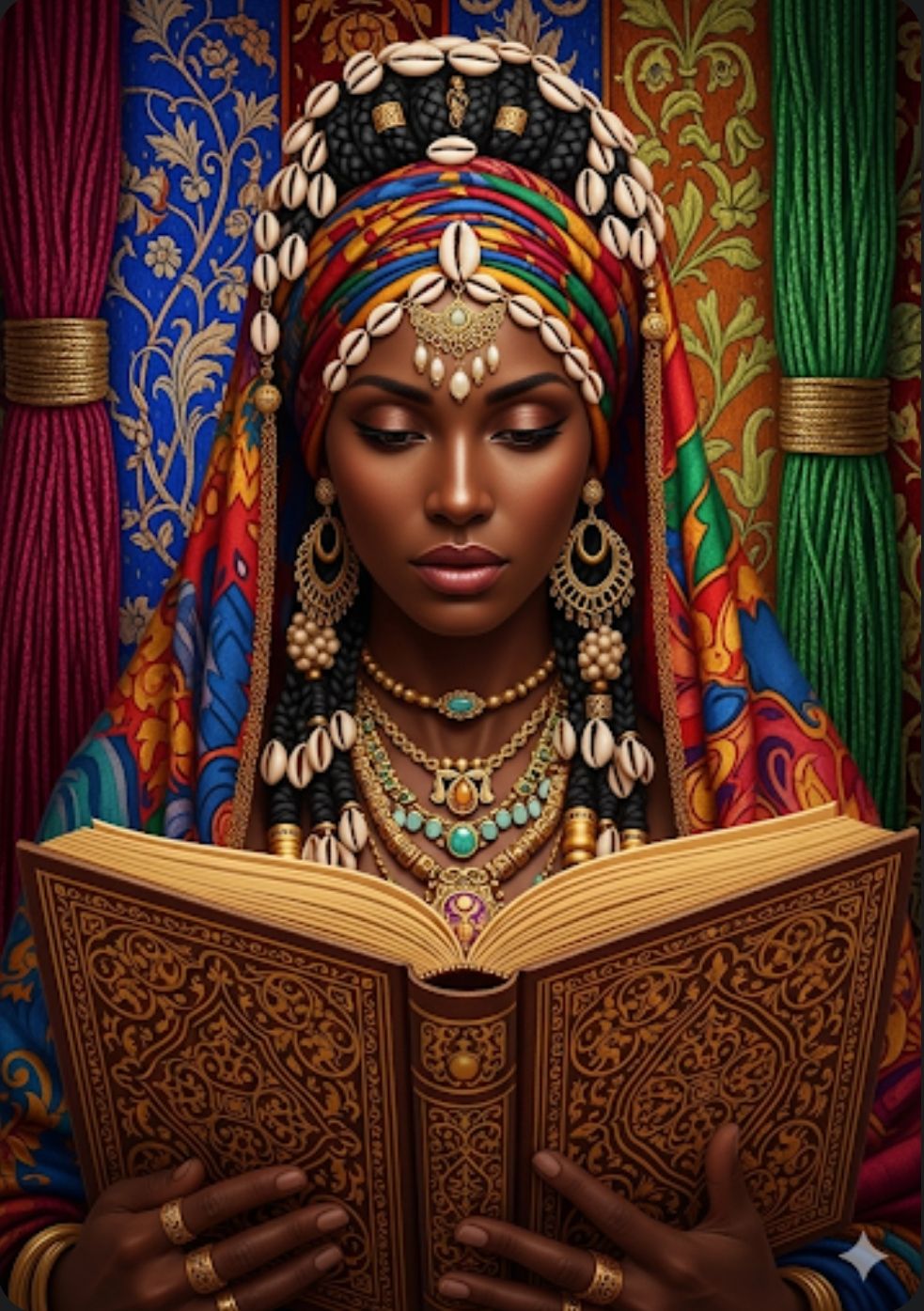 This image depicts a woman with dark skin and braided hair, wearing a vibrant, multicolored headscarf and ornate jewelry, including several ...