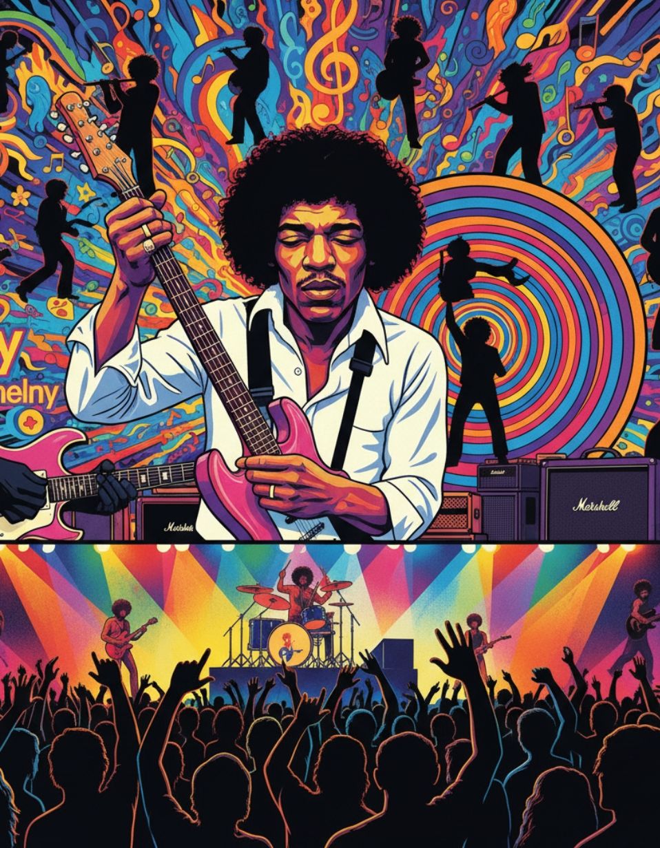 A vibrant, psychedelic collage celebrating a rock legend resembling Jimi Hendrix. The vertical composition flows from a swirling, colorful m...