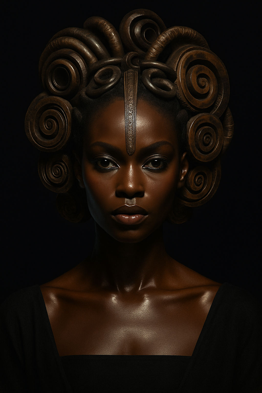 A hyper-real Afro-Futurist portrait of a celestial warrior queen, portrayed in a regal and iconic manner. Her hair forms sculptural metallic...