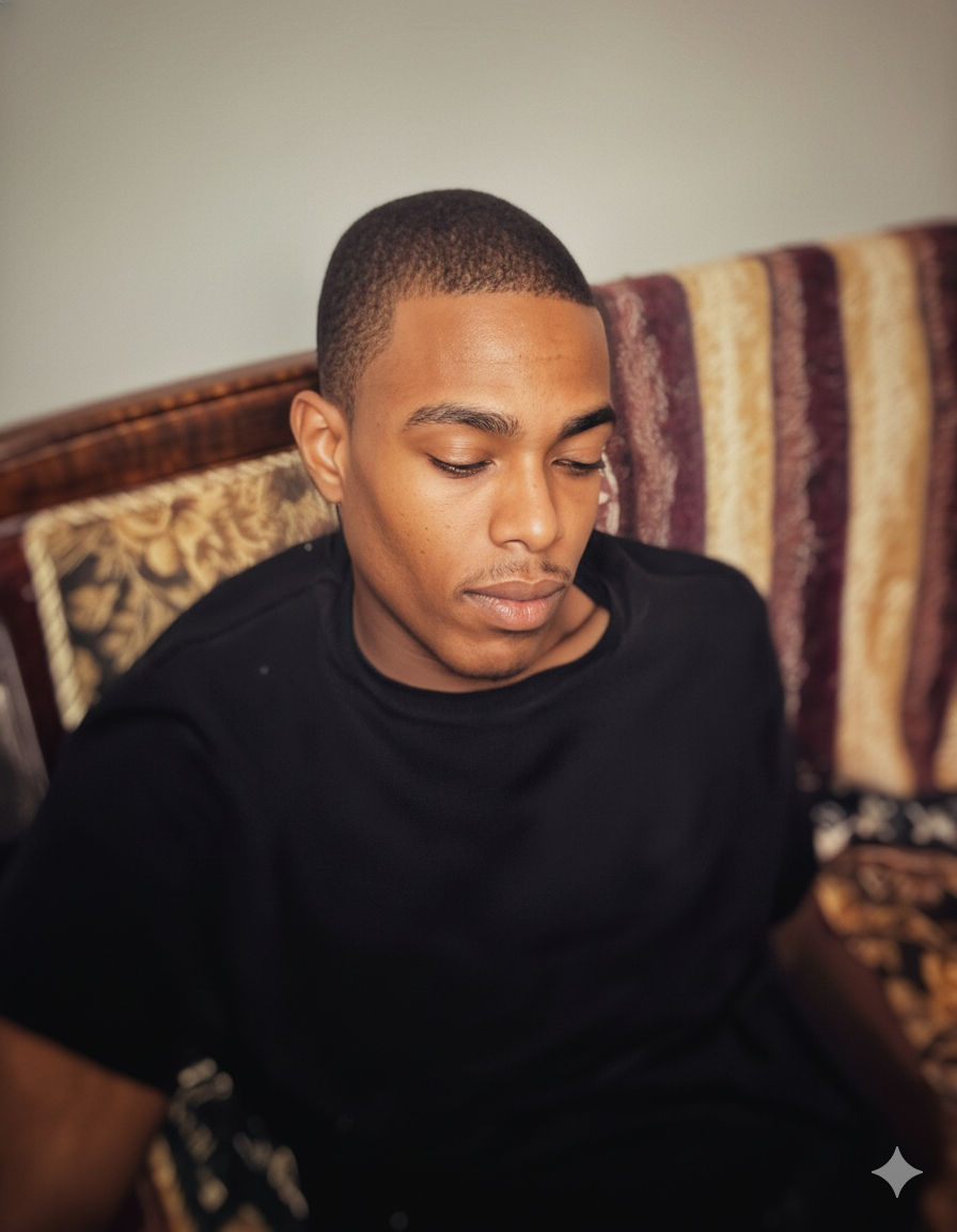 A photorealistic candid portrait of a young man, African American, with short dark hair, looking down with a relaxed expression. He is weari...