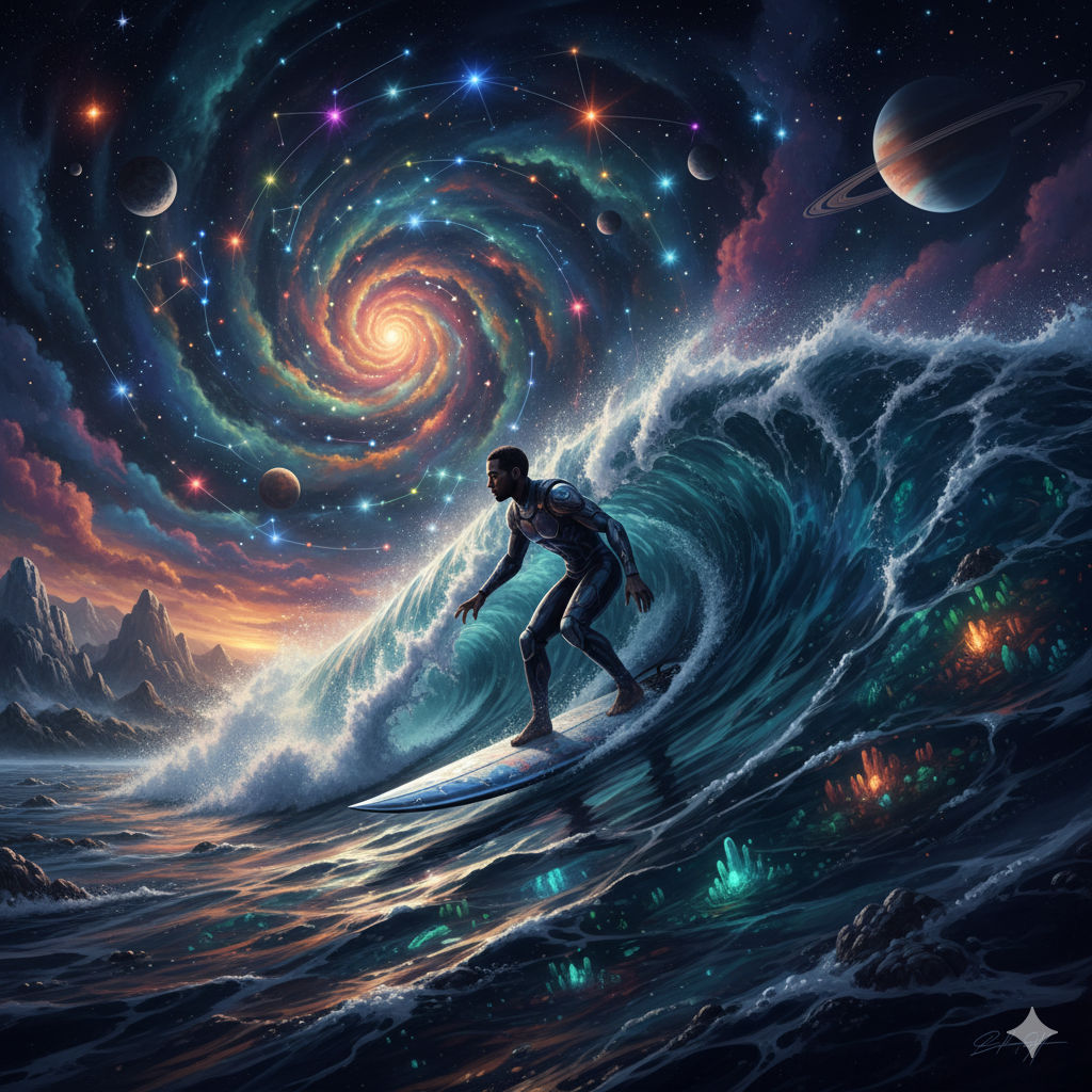 A lone black surfer catches a colossal wave under a sky filled with swirling nebulae and alien constellations. The surfer's board is a sleek...