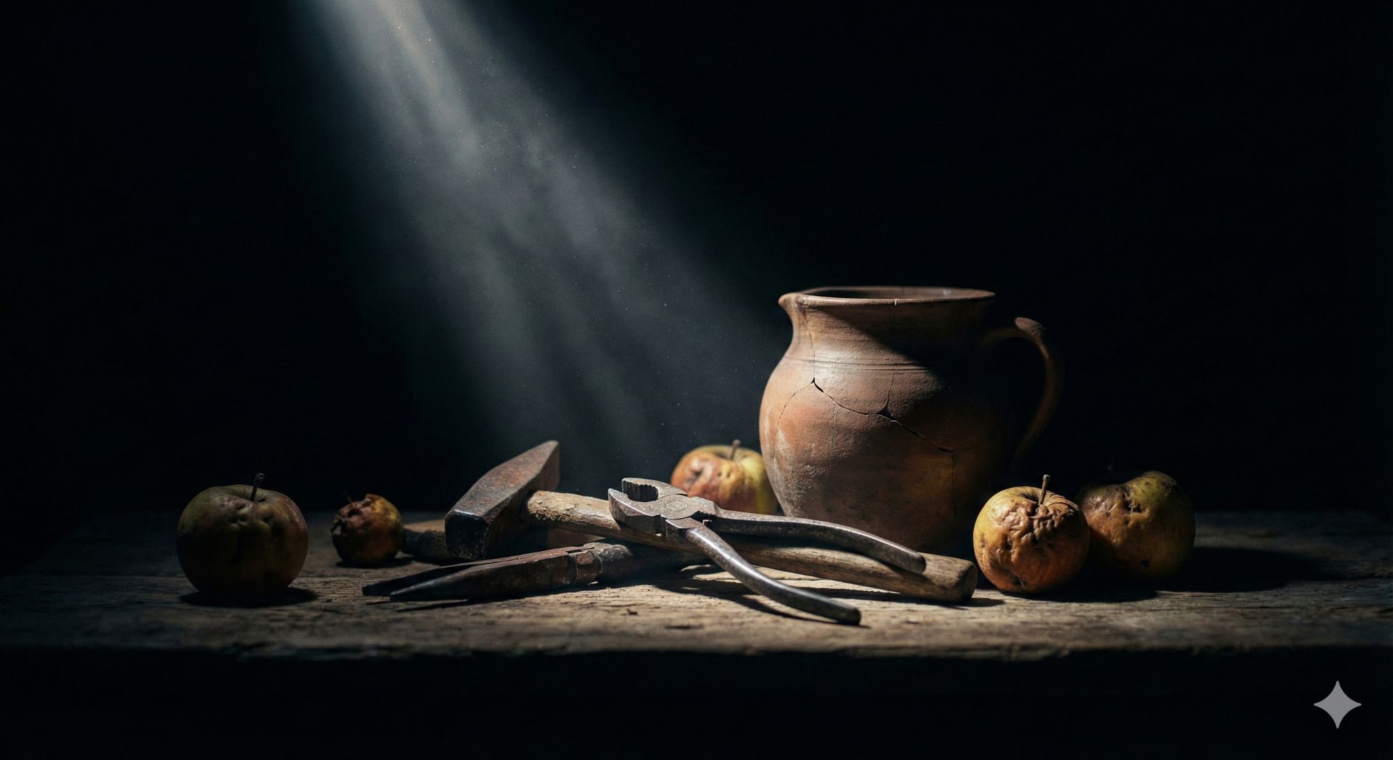 Moody still life on a rough wooden table, single shaft of dusty light from above cutting through deep darkness, illuminating a cracked clay ...
