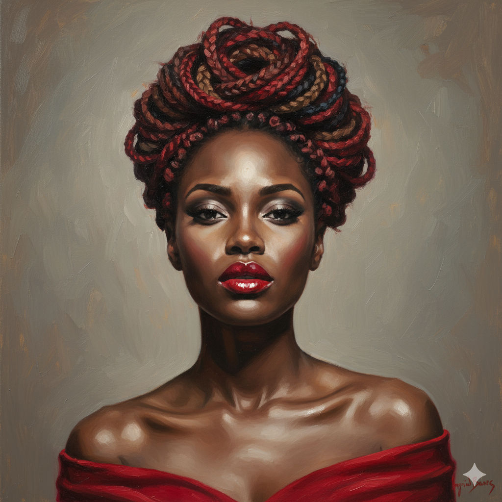 AsA stunning dark-skinned African American woman with a tightly braided red and brown updo. She is wearing a vibrant red off-the-shoulder to...