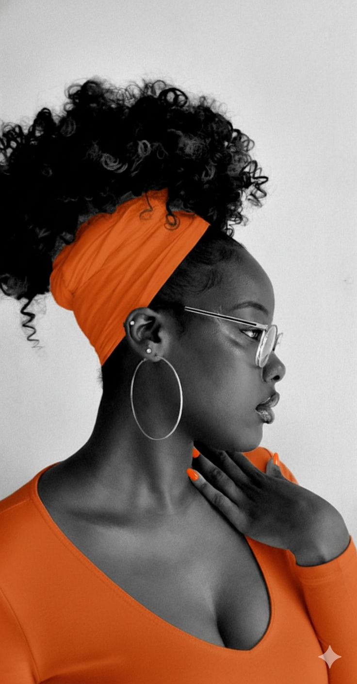 ​A selective color, black and white profile portrait of a Black woman. Her bright orange top is the only color in the image. She wears an or...