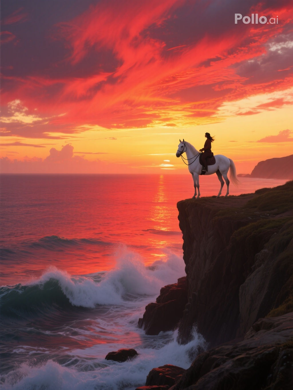 Create an image shows a person on a white horse, standing on a cliff overlooking the ocean at sunset. The sky is filled with dramatic red, o...