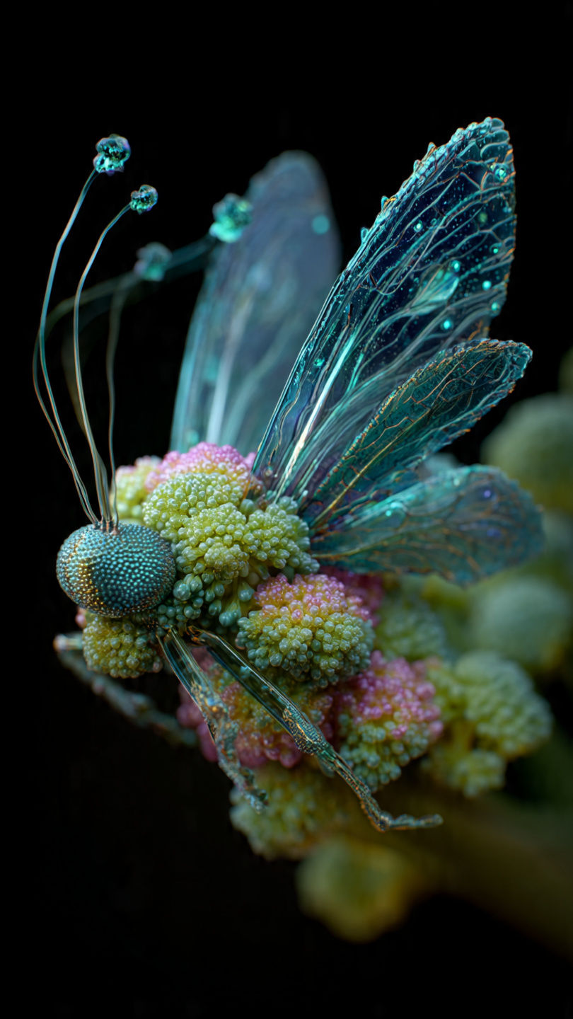 A surreal, vibrant creature with the delicate wings and body of a butterfly, but with broccoli florets as its wings' texture and coloration....