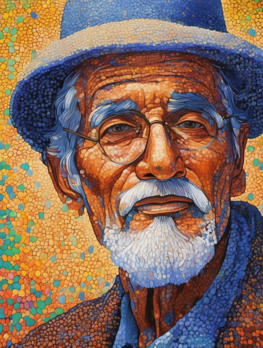 An ultra photo-realistic, 8K close-up portrait of a wise elderly man with deep wrinkles and kind blue eyes. He has a full white beard and is...