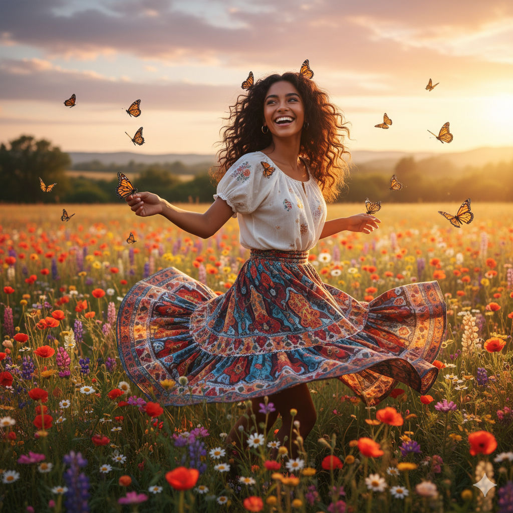 Generate a phot realistic photograph of A vibrant, sun-drenched meadow teeming with wildflowers, where a young Latina woman with a radiant s...