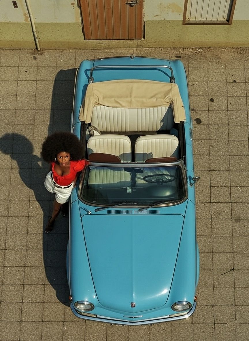 A beautiful black woman with an afro hairstyle, wearing a red top and white shorts, stands next to a classic light blue convertible car. The...