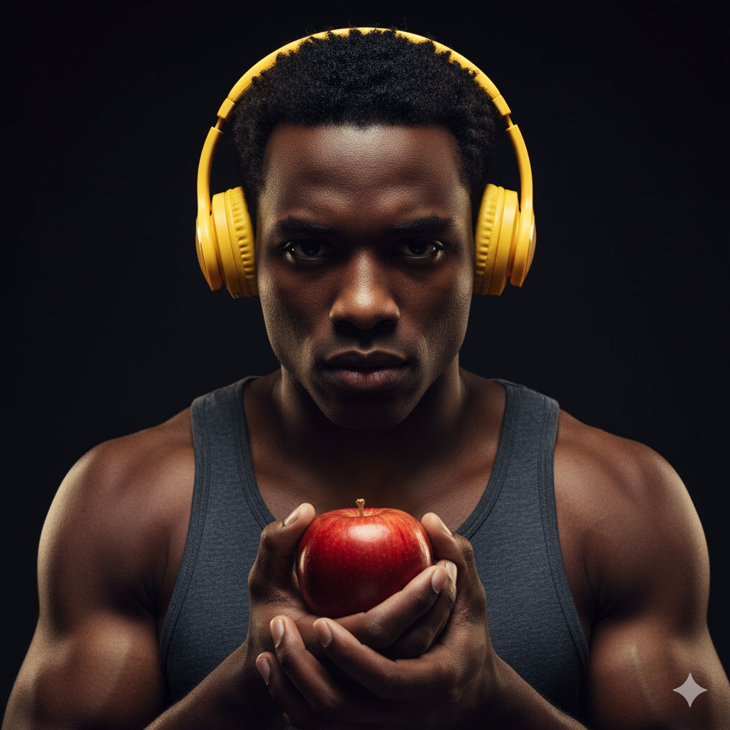 A striking portrait of a man with dark skin, looking directly at the viewer with an intense, steady gaze. He has short, dark, curly hair and...