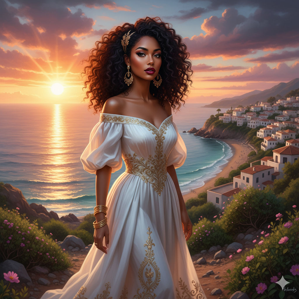 A beautiful, dark-haired woman, with voluminous curly hair, stands overlooking a scenic coastal town at sunset. She is depicted from the upp...