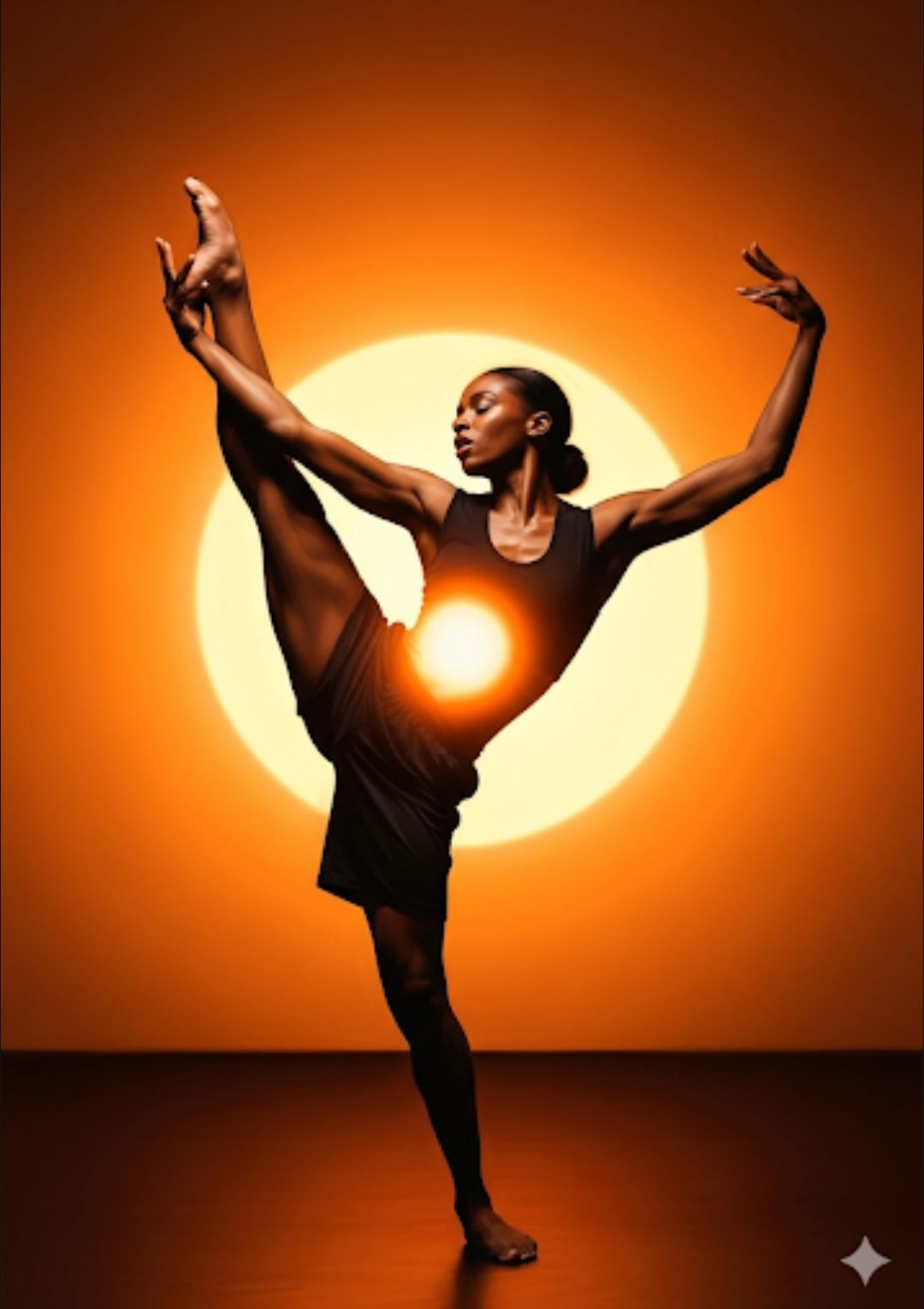 The image is a vertical portrait of an African American dancer in a dynamic pose, with an orange gradient background and a bright orange cir...