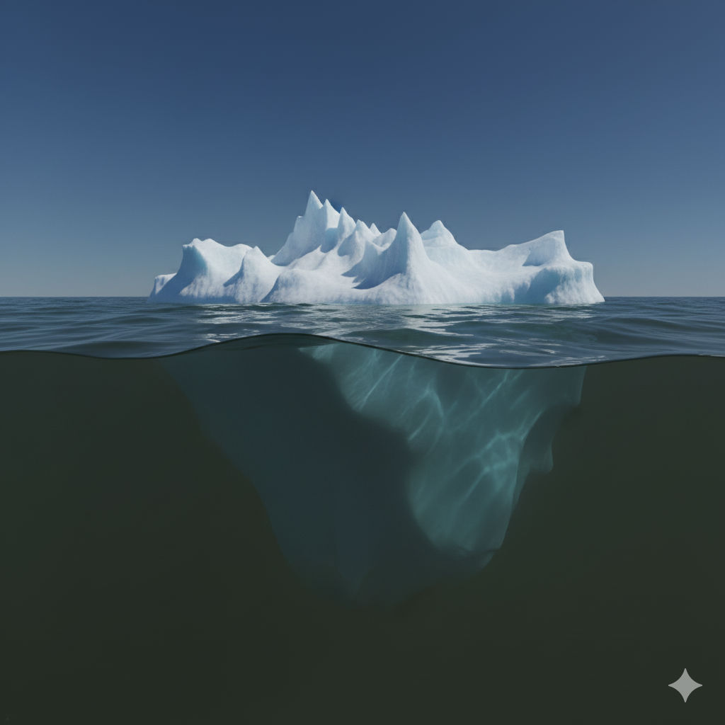 An iceberg in a murky sea, viewed from a perspective that shows both the part above and below the waterline. The top of the iceberg is a jag...
