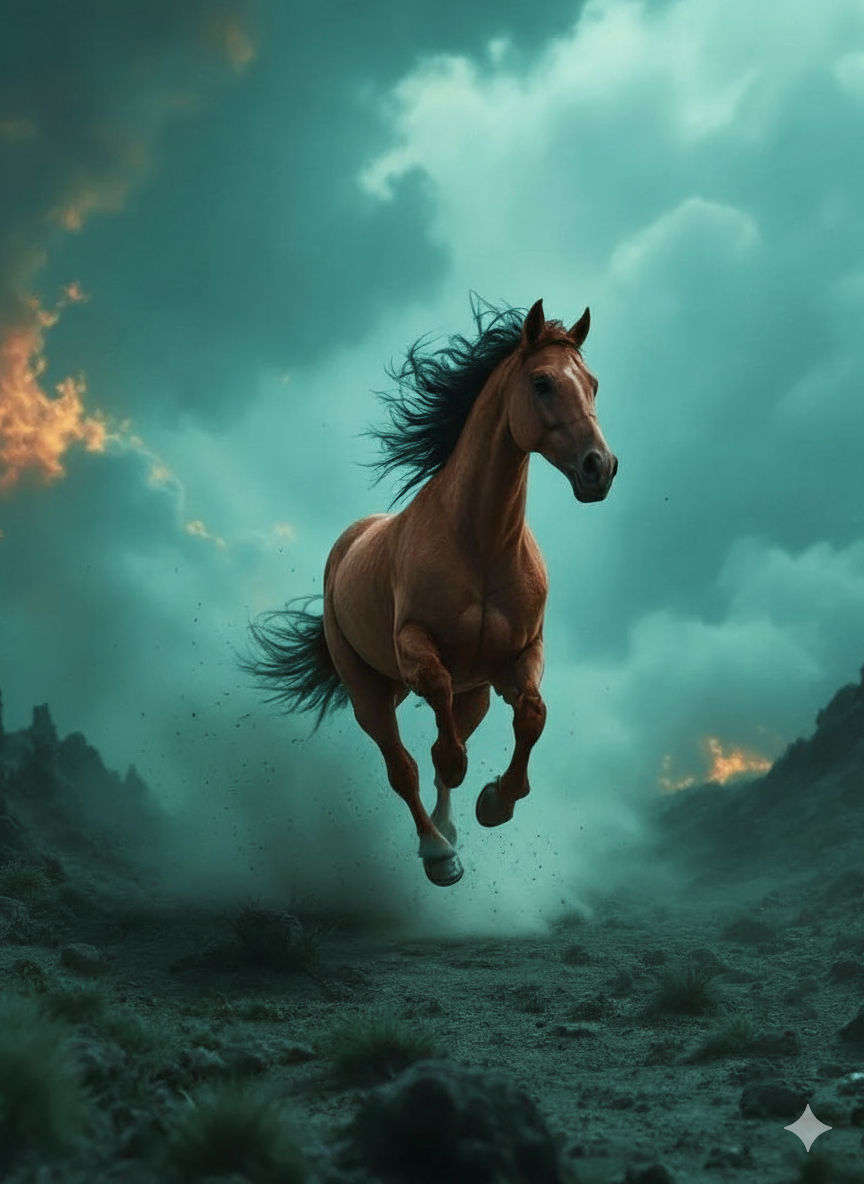 Create an image of an abstract, surrealist painting withimage is a dramatic, hyperrealistic digital painting of a chestnut horse galloping t...