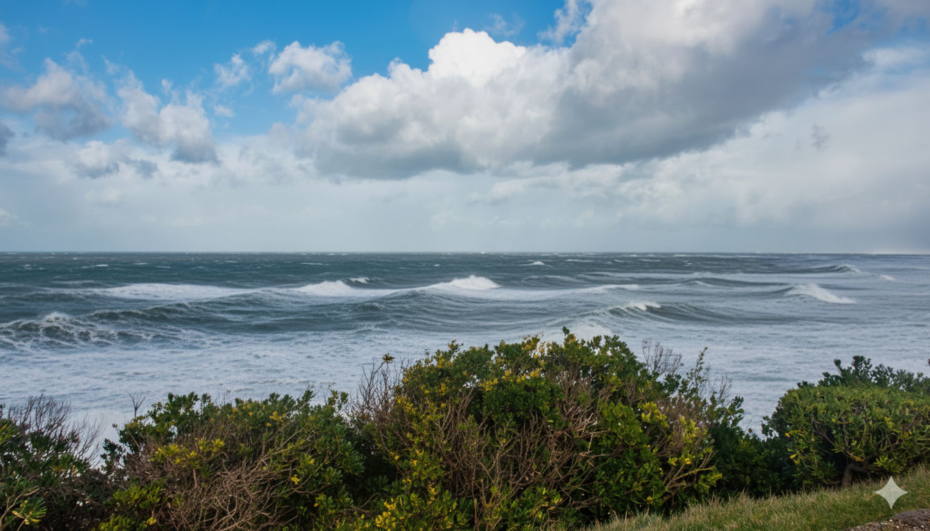 A photo realistic, 4K, 3:4 image of a rough, stormy ocean with whitecaps under a dramatic cloudy sky, viewed from a high point with green bu...