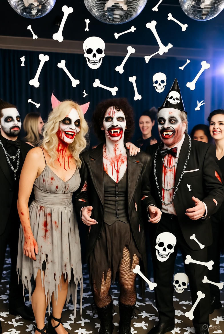 A spooky New Year's Eve party in a haunted grand ballroom. Skeletons and spirits in tattered formal wear and party hats dance on the floor. ...