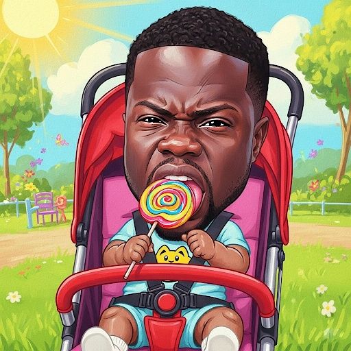 This image features a baby with Kevin Hart's face, scowling while licking a lollipop in a stroller. The artwork blends caricature-style with...