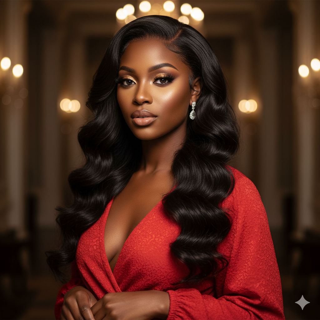 create an image of an African American woman with long, dark, wavy hair cascading over her shoulders. She has a warm skin tone, full lips wi...