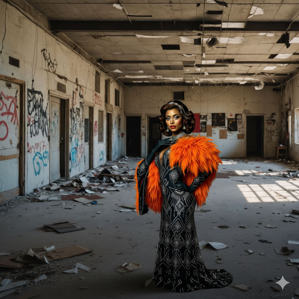 Generate an image that shows a black woman in a formal gown and a fluffy orange shawl standing in what appears to be a large, abandoned room...