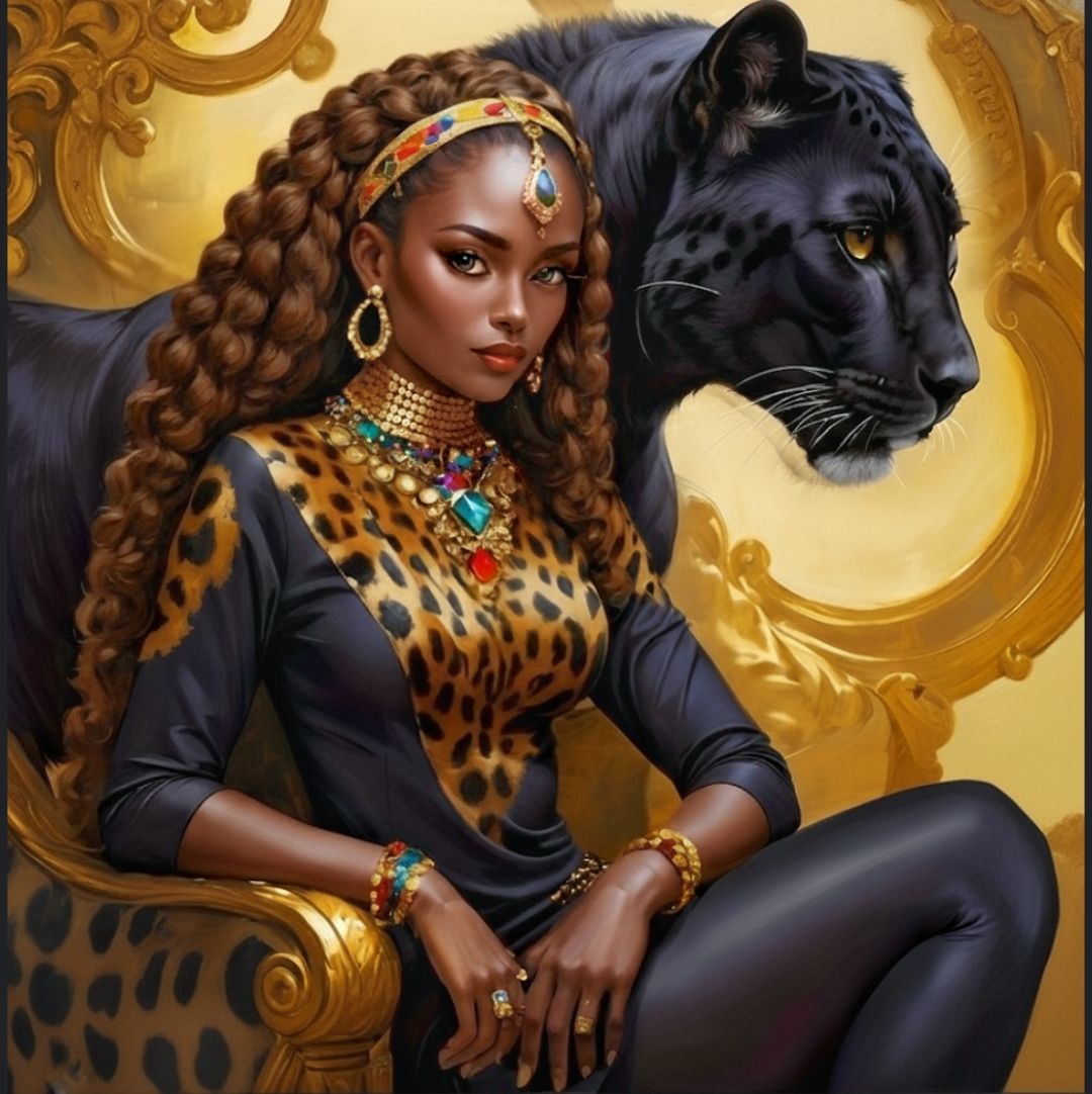 A captivating and artistic portrait of a Black woman, rendered in a sophisticated, hyperrealistic style with an overlay of intricate mathema...