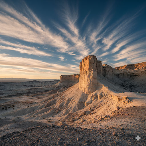A dramatic, wide 4:3 landscape photograph in the style of Ansel Adams, showcasing a desert badlands scene. The foreground features a rugged,...