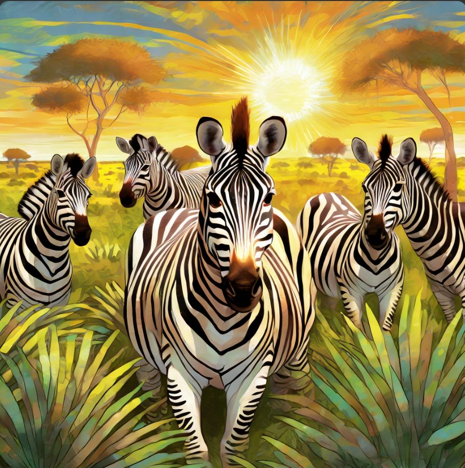 Photorealistic image of a group of zebras in a lush African plain under a vividly bright yellow sun overhead