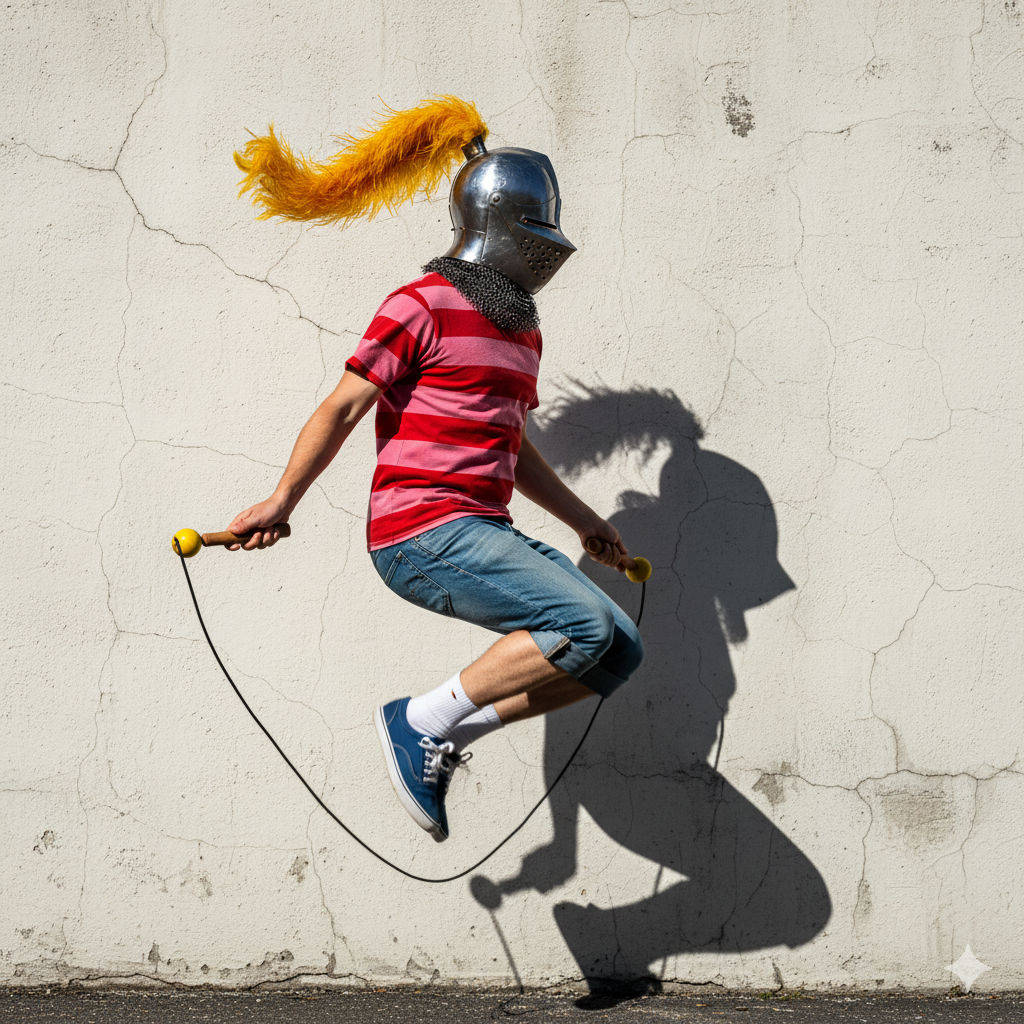 A cinematic, ultra photorealistic full color photograph of a person jumping rope while wearing a knight's, yellow-plumed helmet. They are we...