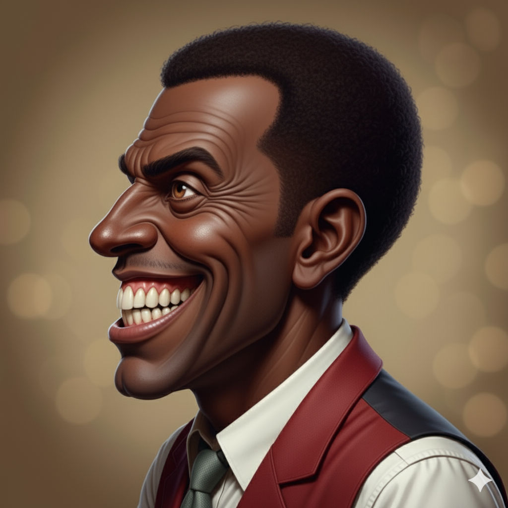 A caricature of an African American man in a side profile, with a dark brown complexion, short dark hair, and wide-set brown eyes. He has ex...