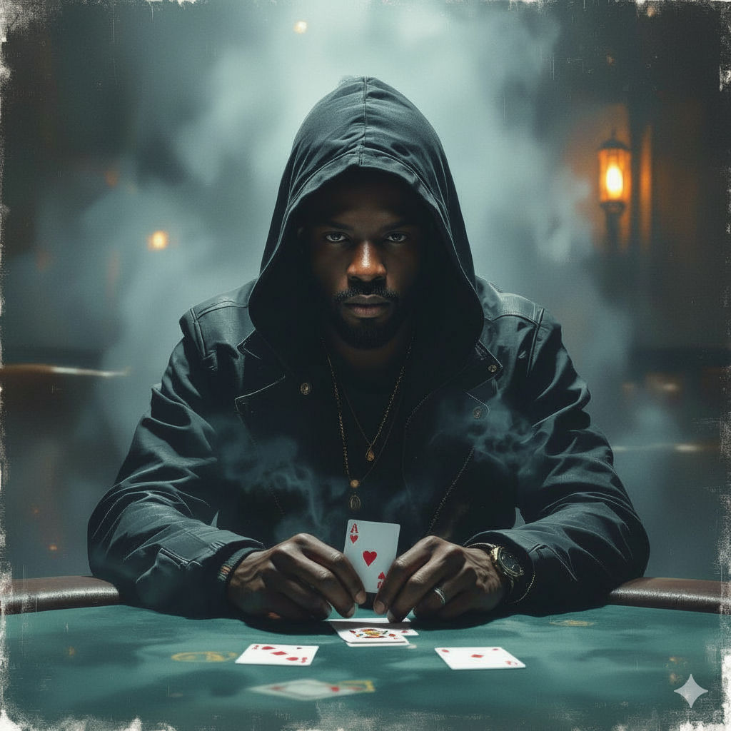 Create an image that is a close-up, dramatic portrait of a man sitting at a poker table. He is a black man wearing a black leather jacket wi...