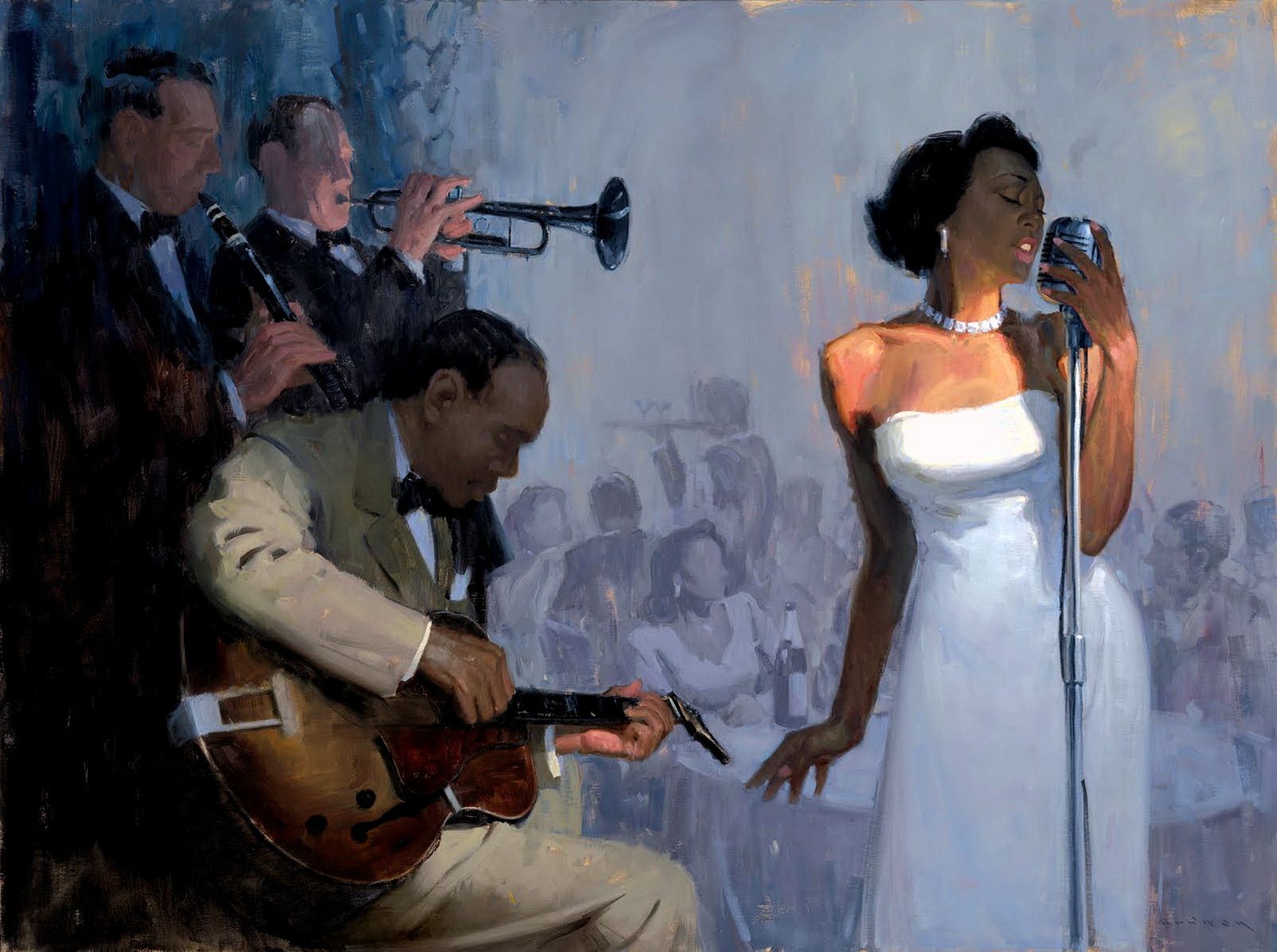 Photorealistic image of female jazz singer crooning into a tall microphone wearing a white evening gown. To her left is a jazz guitarist and...
