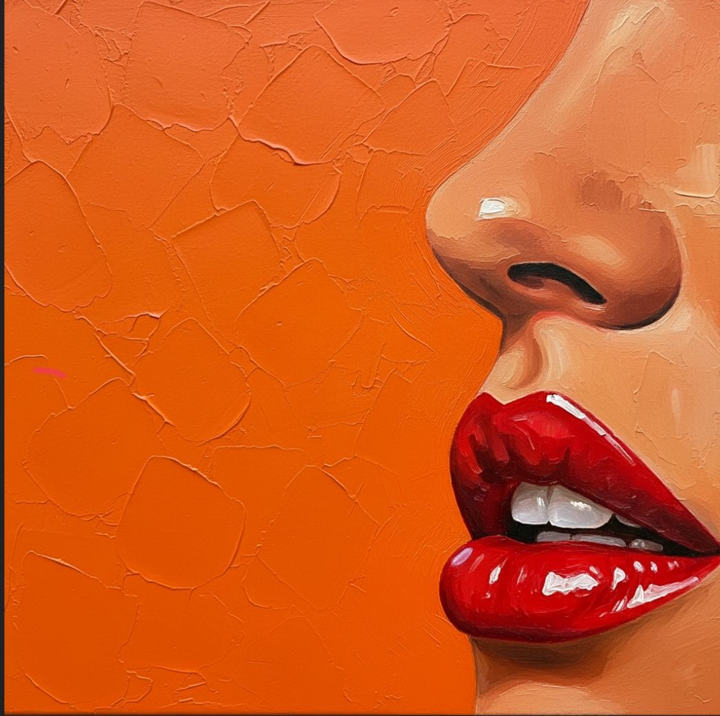 ​A minimalist, graphic illustration of vivid blazing red lips, seen from a side profile, set against a solid bright orange background.